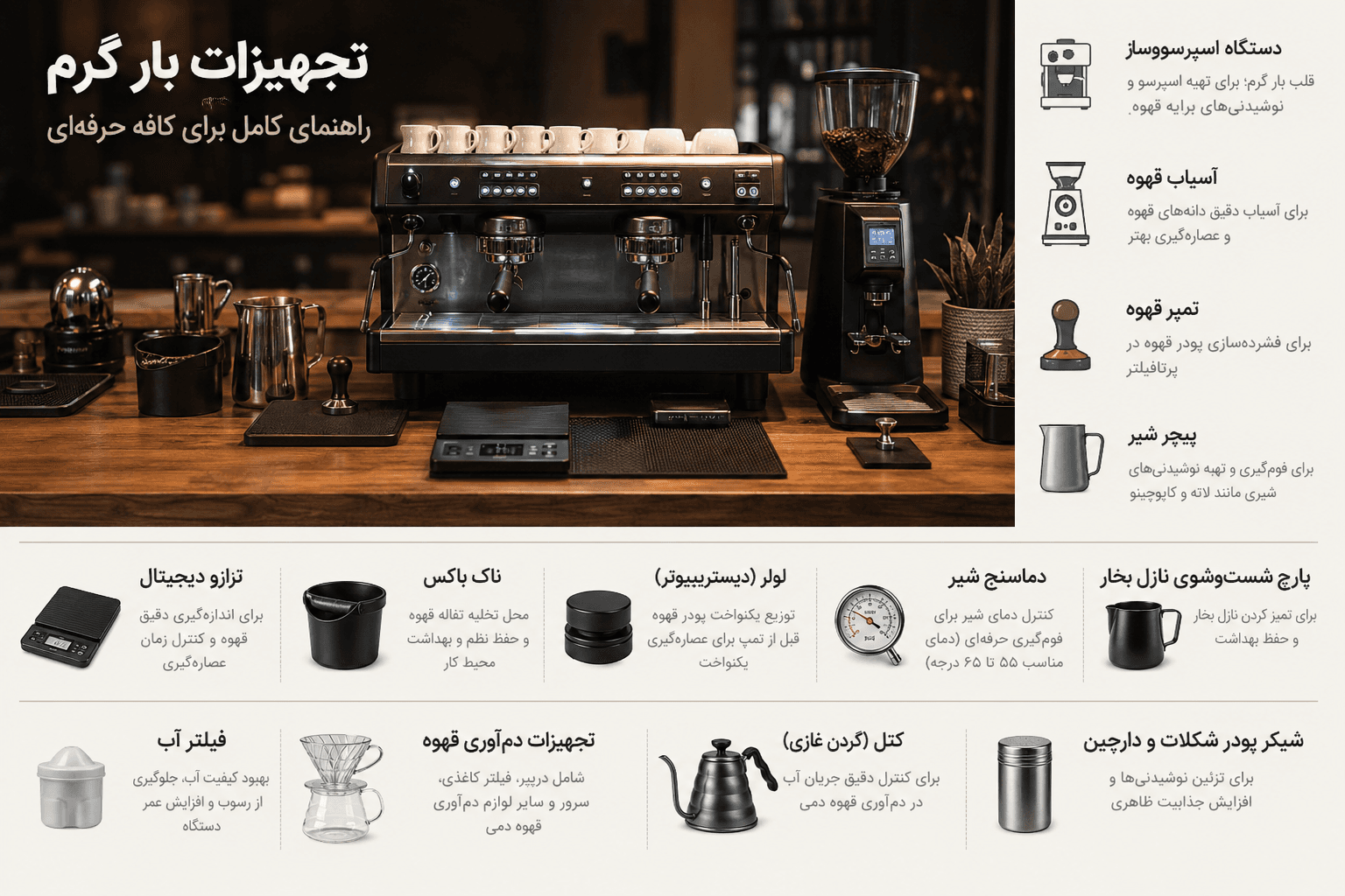 راهنمای کامل تجهیزات بار گرم کافیشاپ | معرفی کاربردی وسایل بار گرم برای تهیه قهوه حرفهای