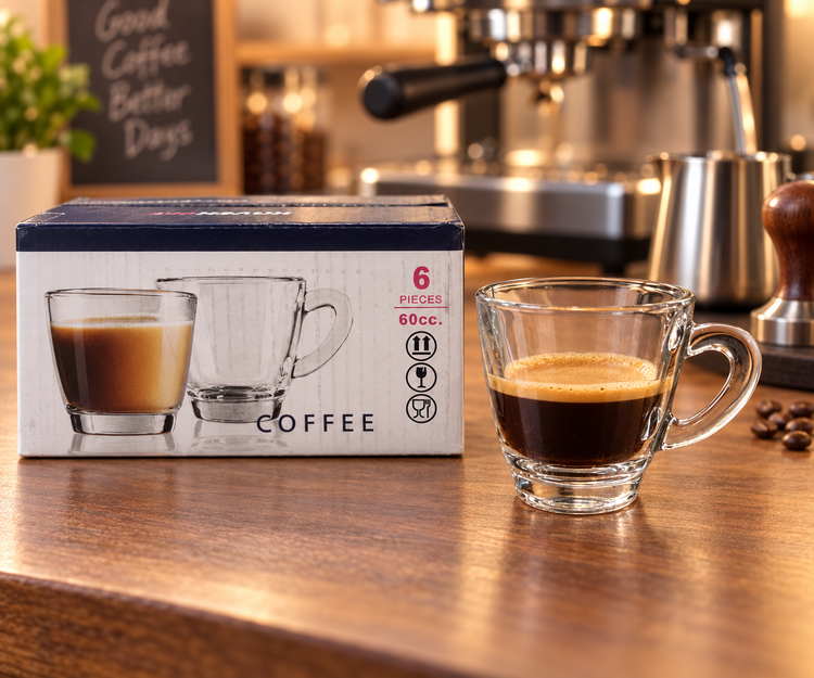 ست ۶ عددی فنجان اسپرسو شیشهای کاوه مدل Coffee ظرفیت ۶۰ سیسی، مناسب قهوه و کافیشاپ