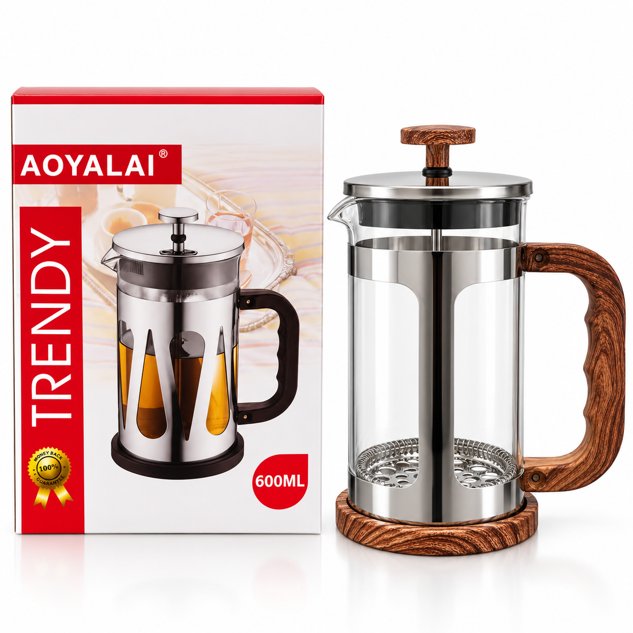 فرنچ پرس AOYALAI مدل TRENDY حجم ۶۰۰ میلی‌لیتر طرح چوب